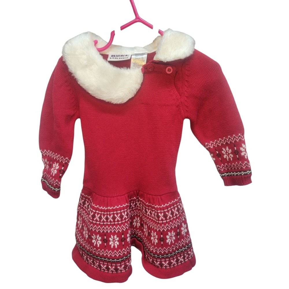 Blueberi Boulevard Girls Red Knit Christmas Dress Faux Fur Collar 3T Toddler